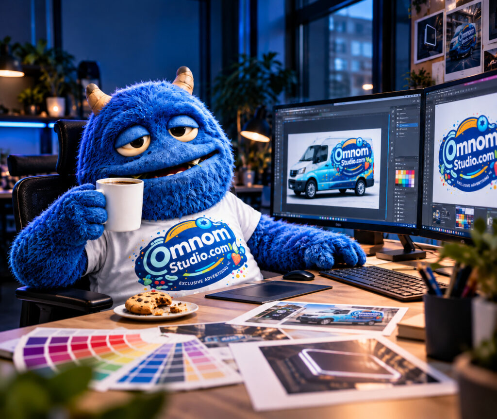 Maskotka Omnom Studio przy stanowisku projektowym z kawą i materiałami reklamowymi