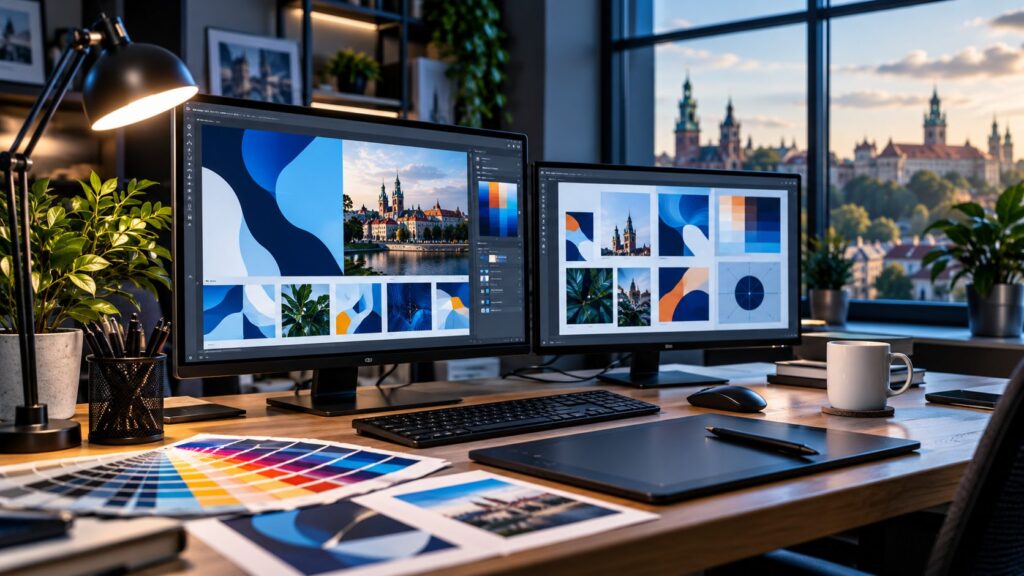 Stanowisko projektowe z monitorami do projektowania graficznego i materiałów reklamowych w Krakowie