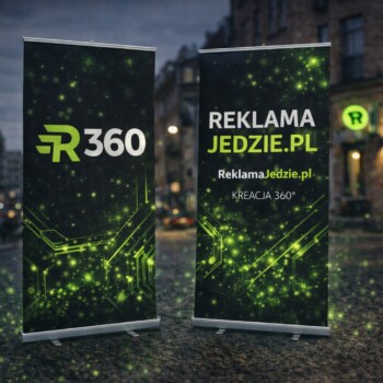Rollup z logo wzmacnia identyfikację wizualną marki. Rollup z logo firmy na wydarzenia i targi