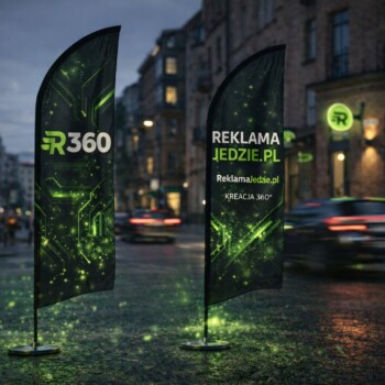 Windery skutecznie zwiększają widoczność marki. Windery reklamowe z logo firmy przed lokalem